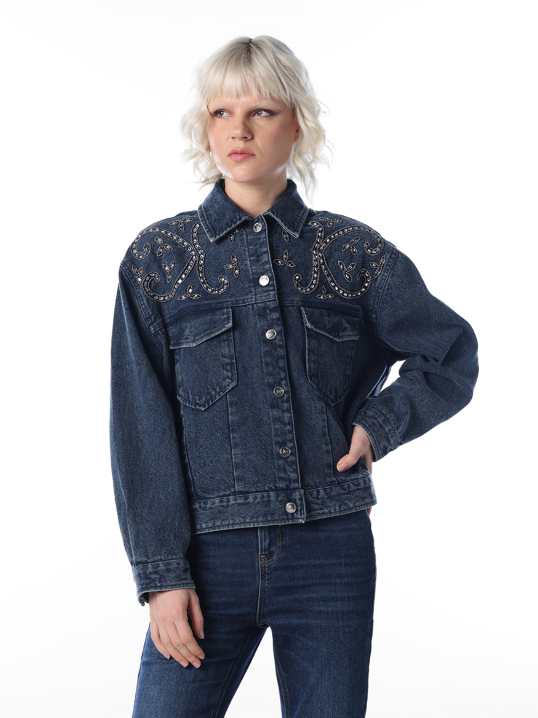 Blue Embellished Denim Jacket