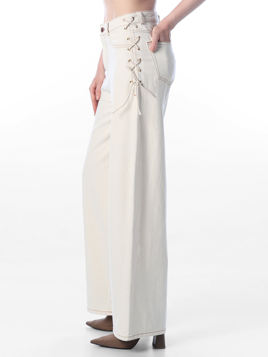 Ecru High Rise Wide Leg Jeans