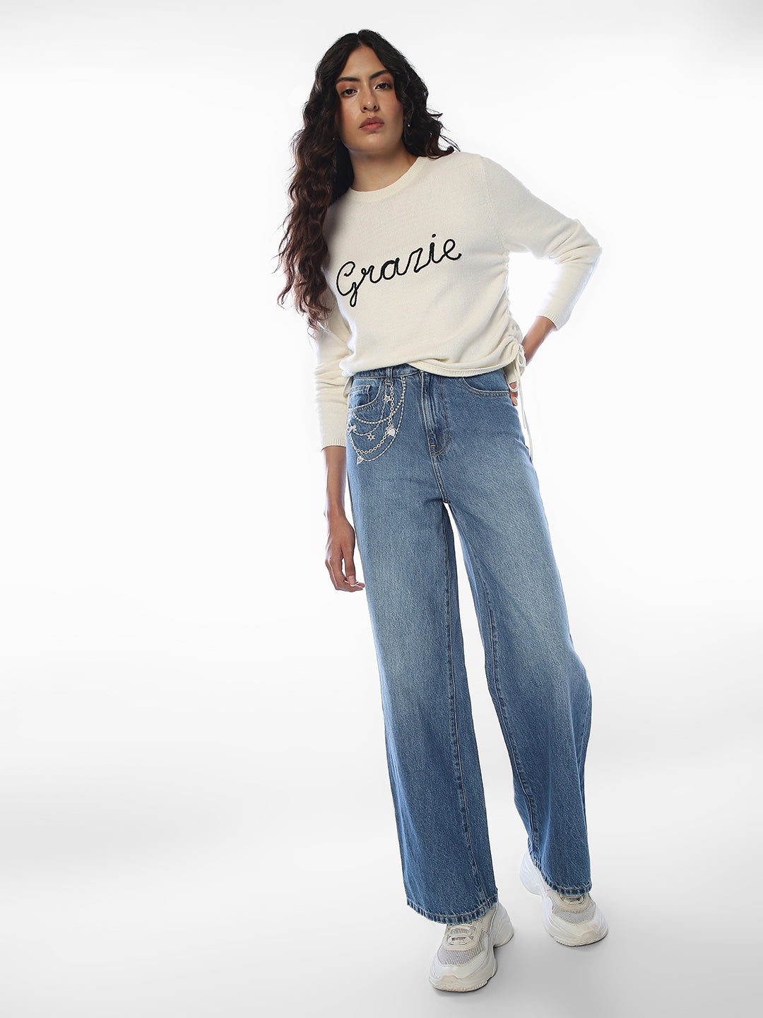 Blue Chain Detail Wide Leg Jeans