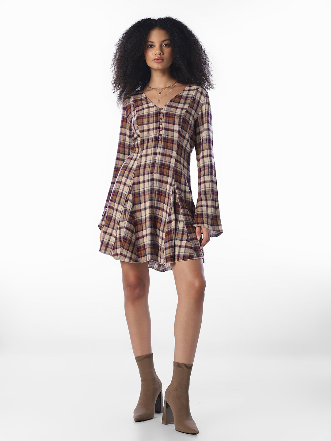Brown Check Print Dress