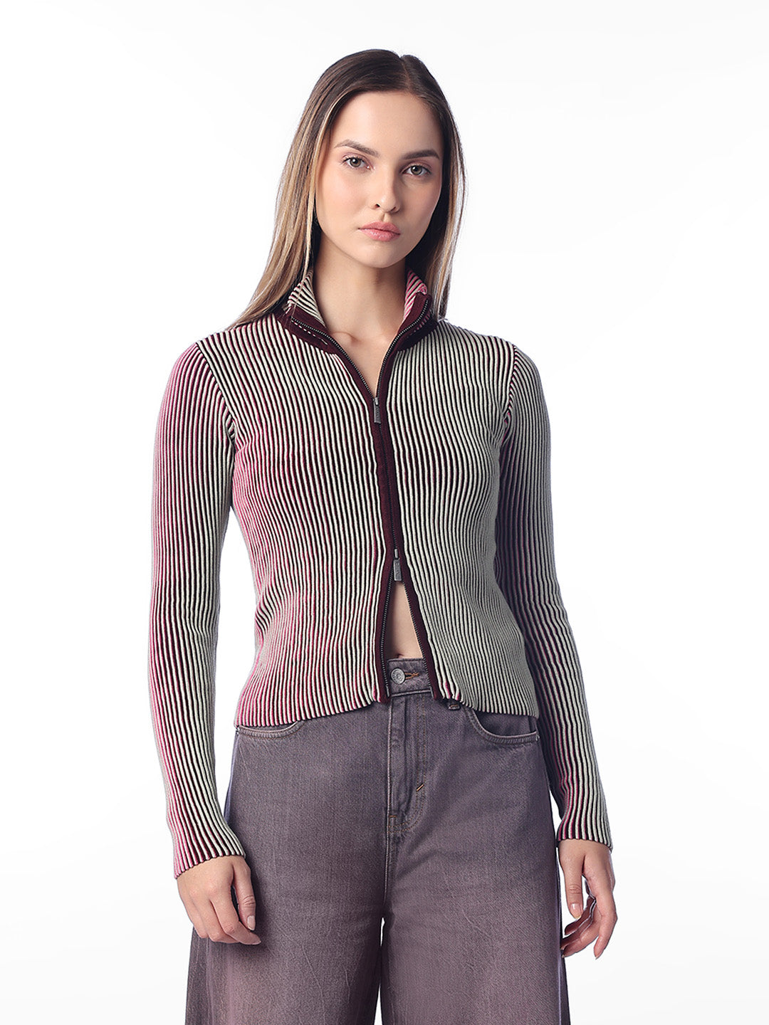 Brown High Neck Cardigan