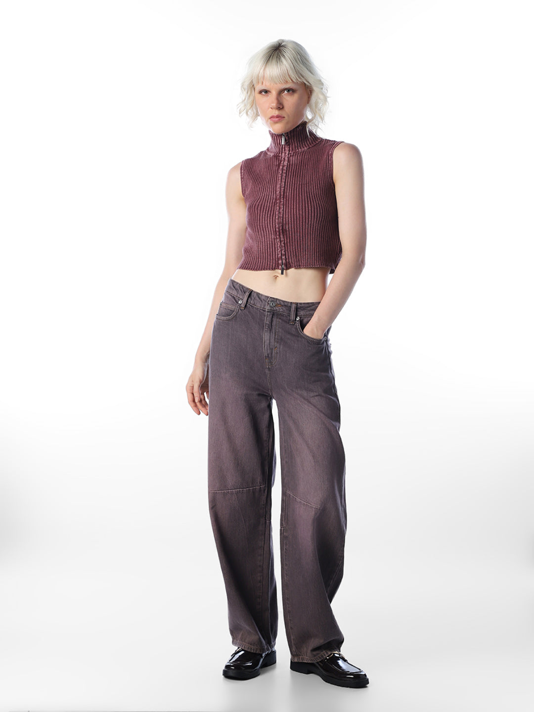 Maroon High Neck Cropped Top
