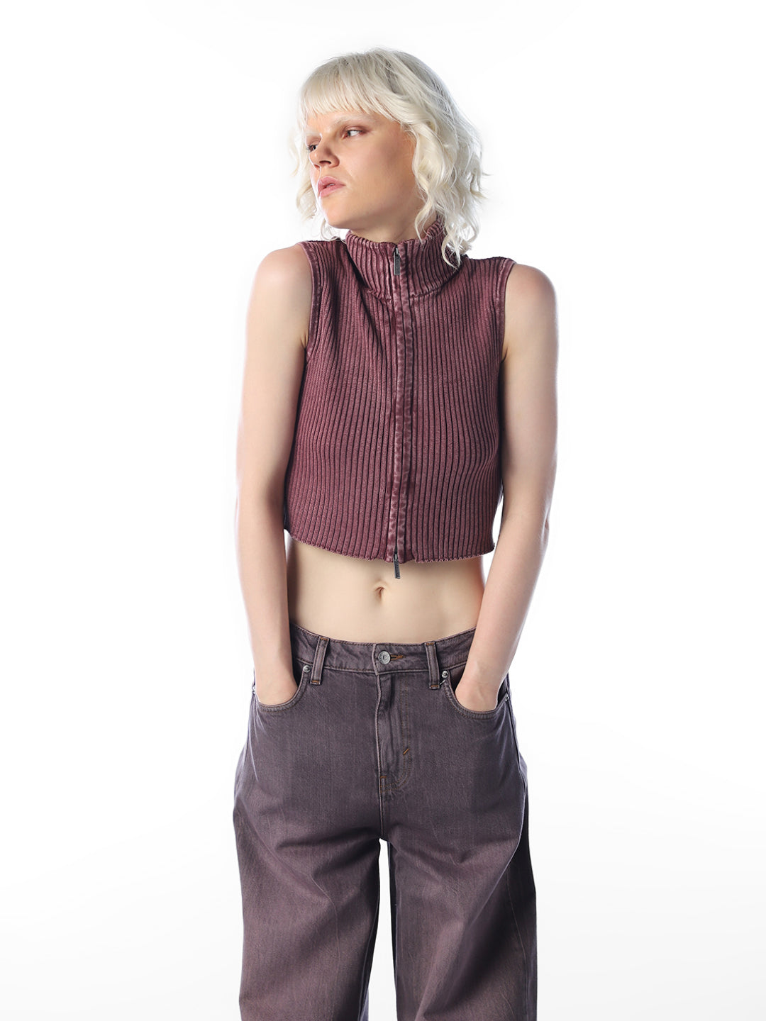 Maroon High Neck Cropped Top