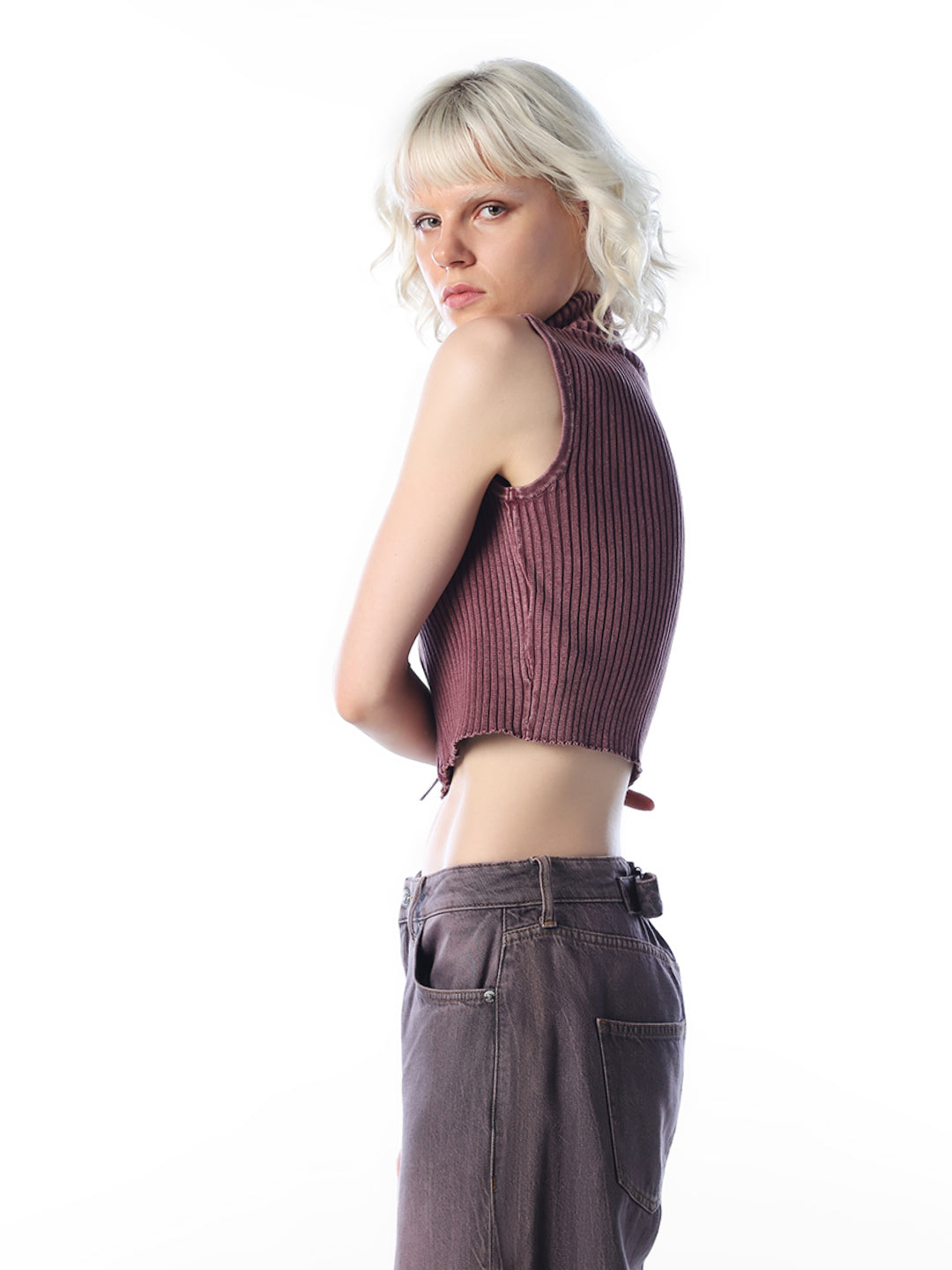 Maroon High Neck Cropped Top