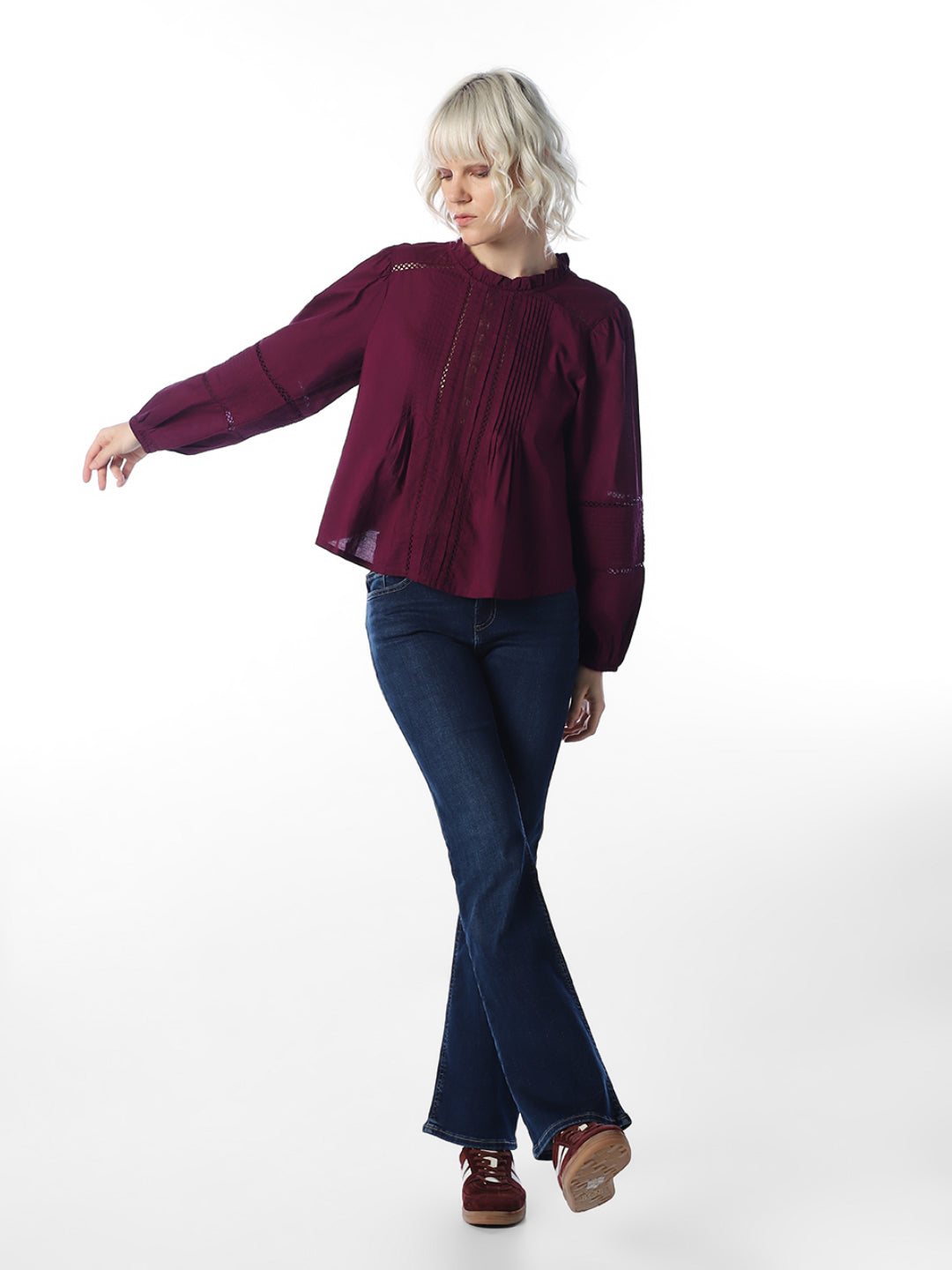 Maroon Frilled Neckline Shirt