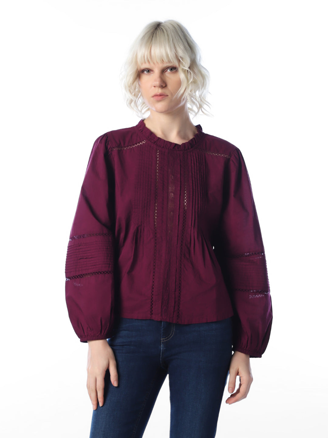 Maroon Frilled Neckline Shirt