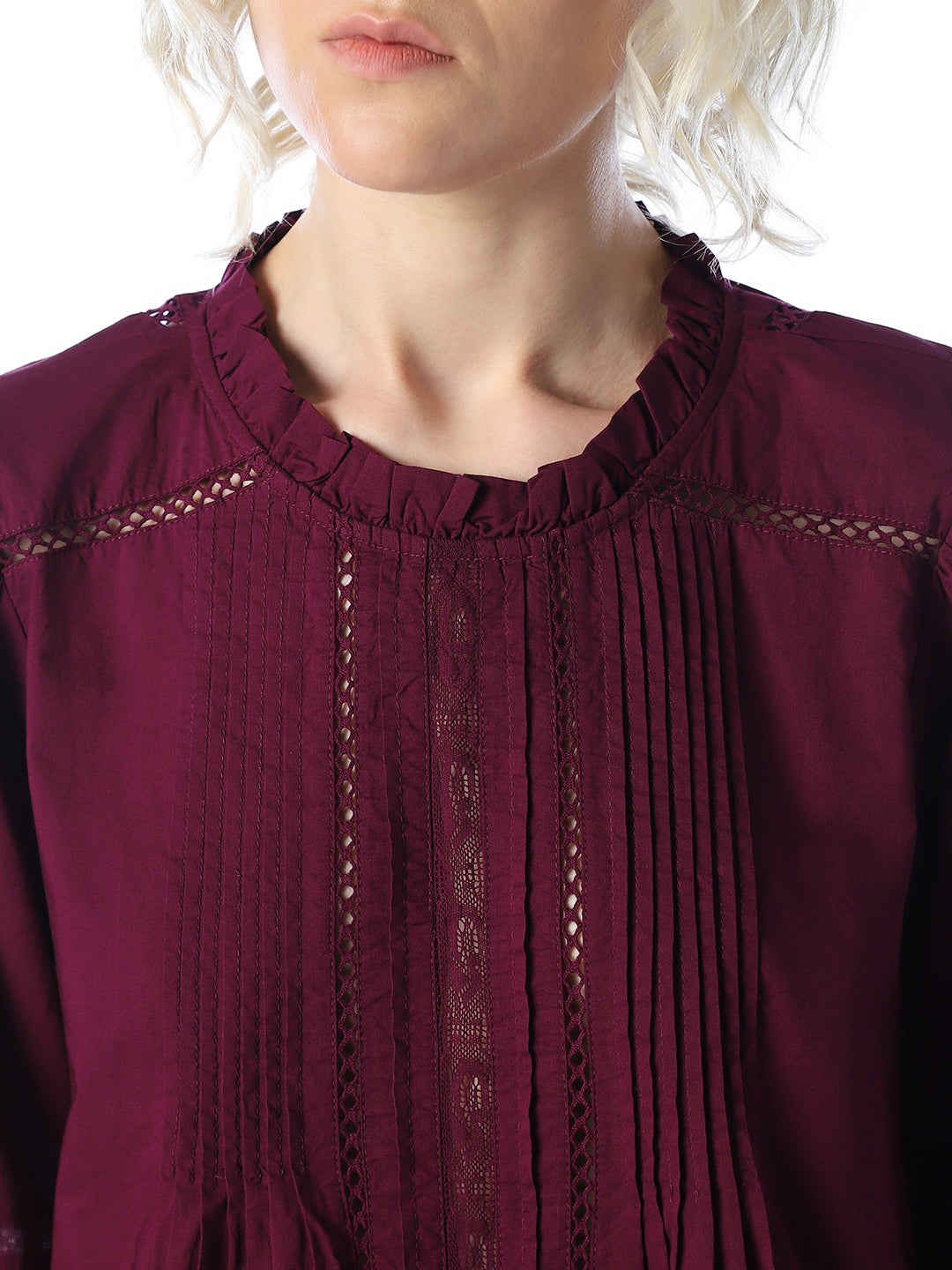 Maroon Frilled Neckline Shirt