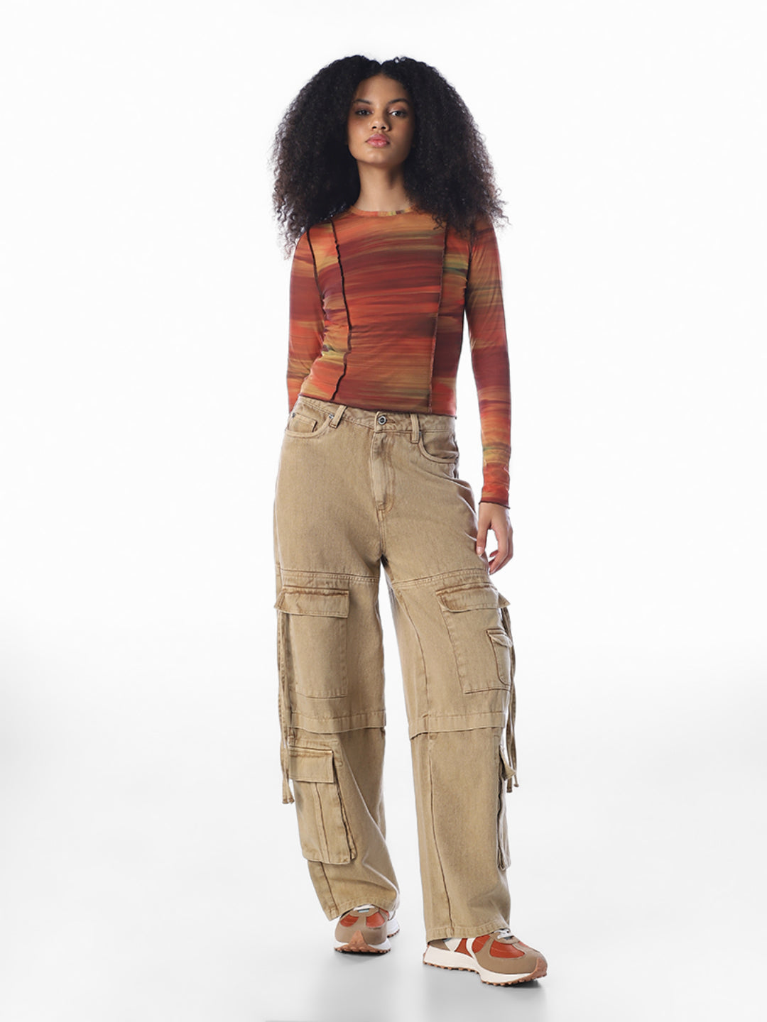 Brown Mesh Printed Top