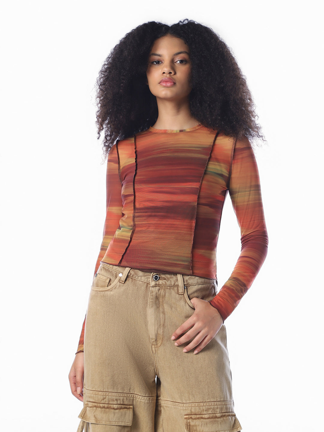 Brown Mesh Printed Top