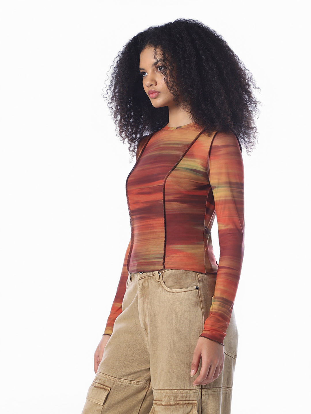 Brown Mesh Printed Top