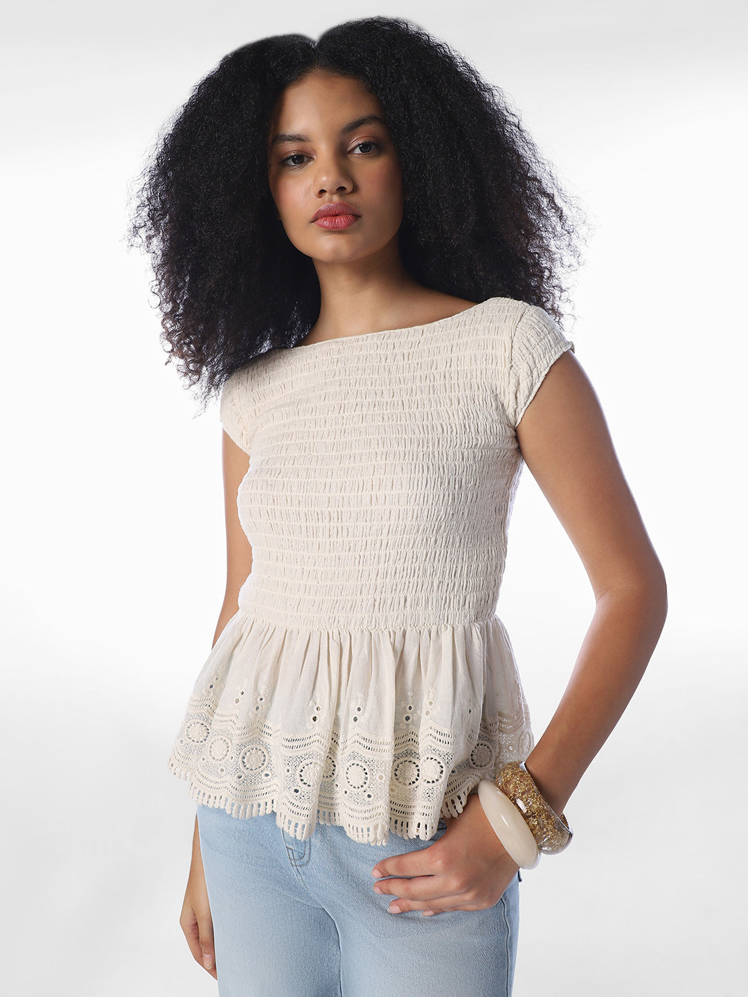 Ecru Smocked Peplum Top