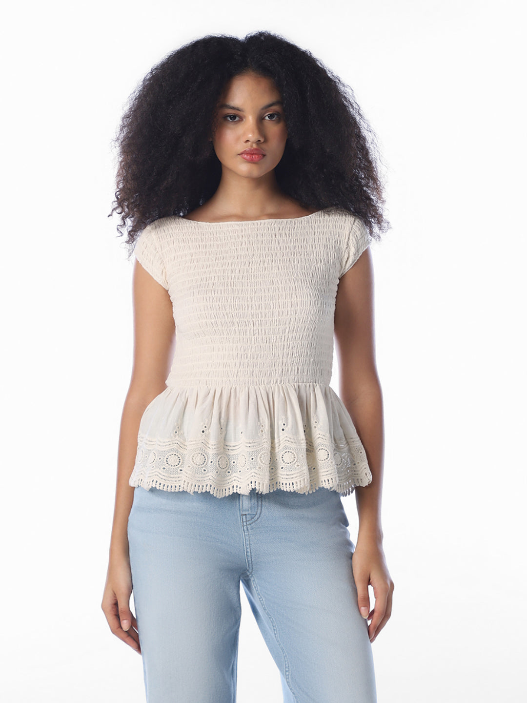 Ecru Smocked Peplum Top