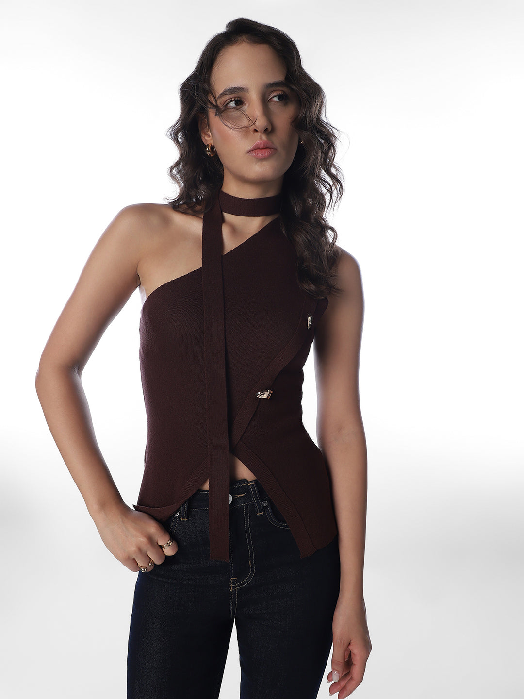 Dark Brown Asymmetric Knit Top