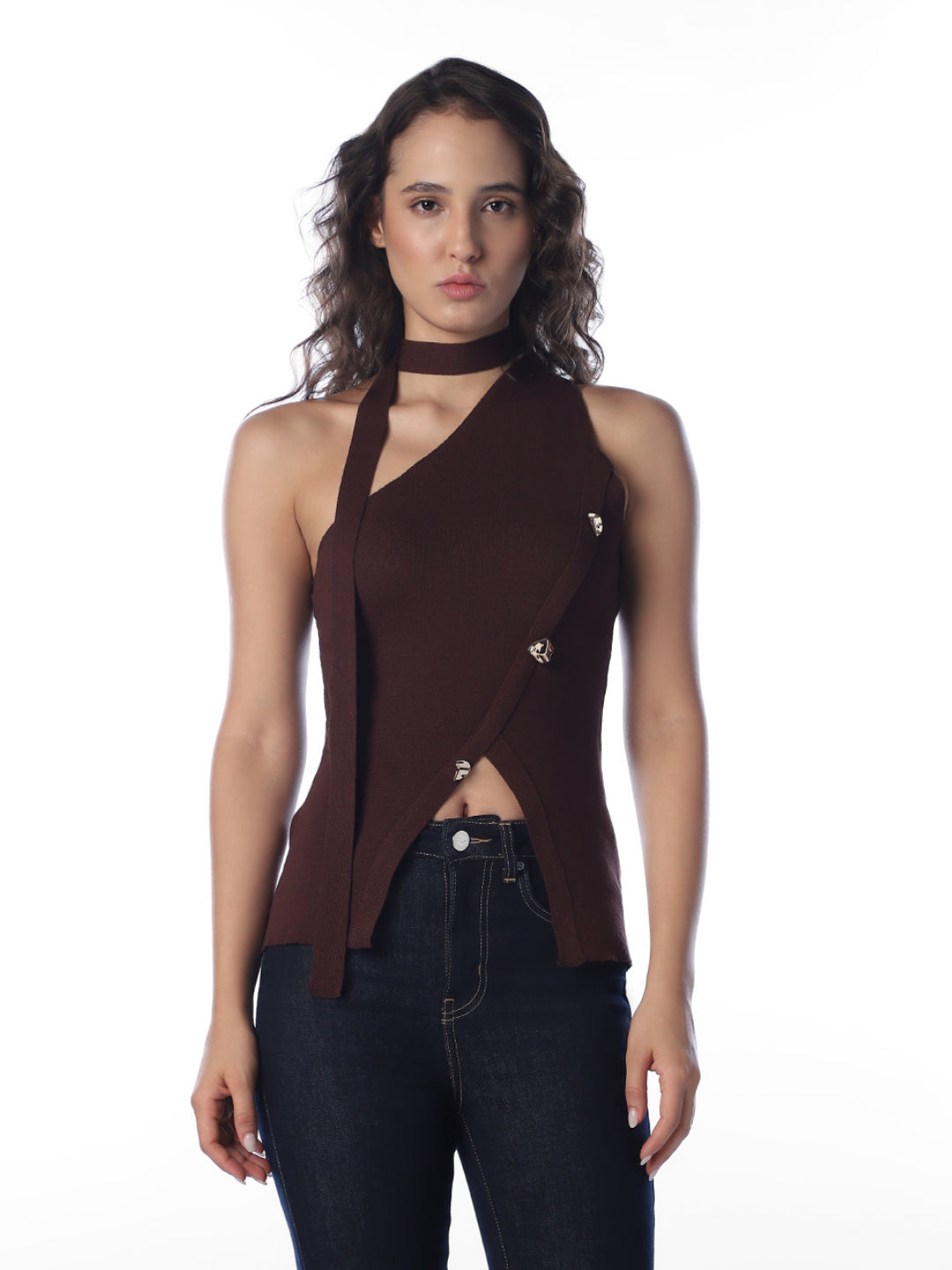 Dark Brown Asymmetric Knit Top