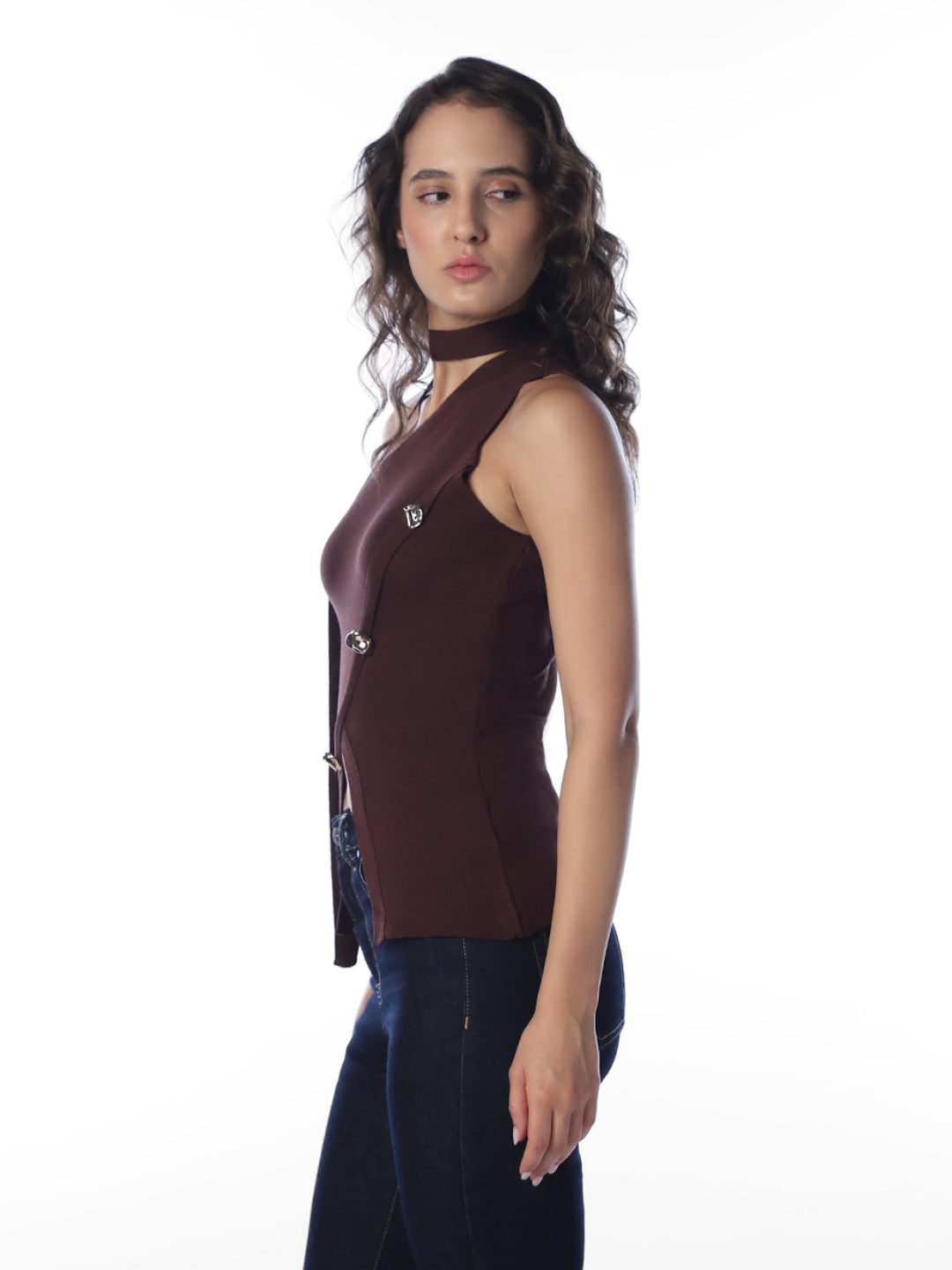Dark Brown Asymmetric Knit Top