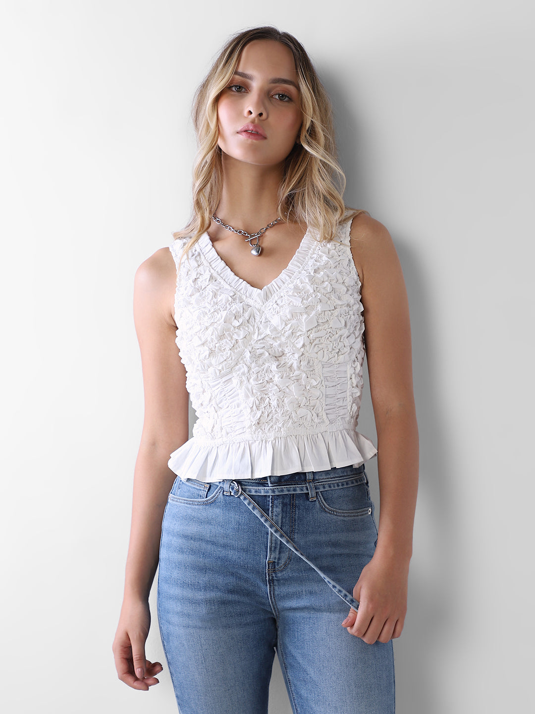 Textured Floral V-Neck Top