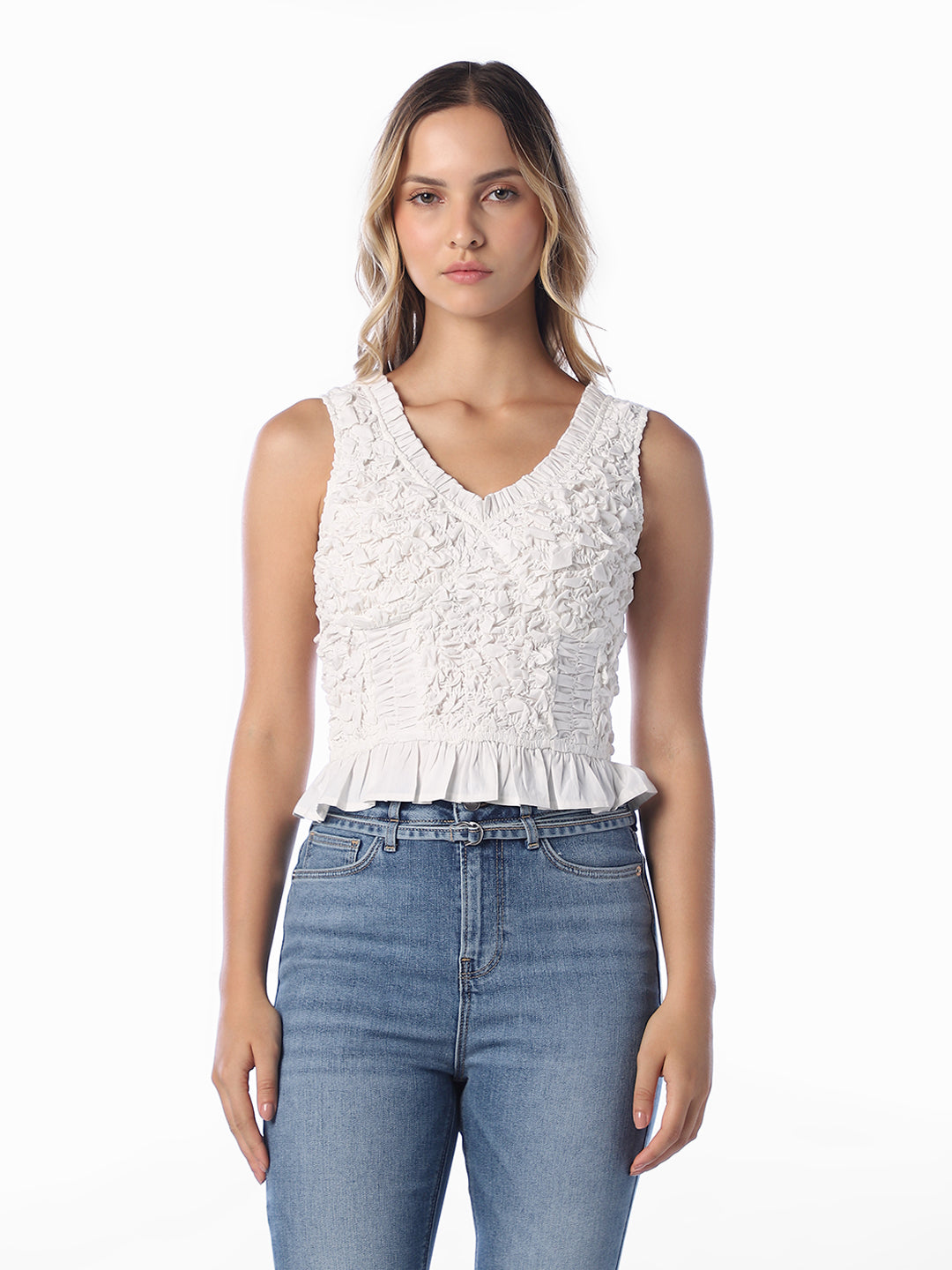Textured Floral V-Neck Top