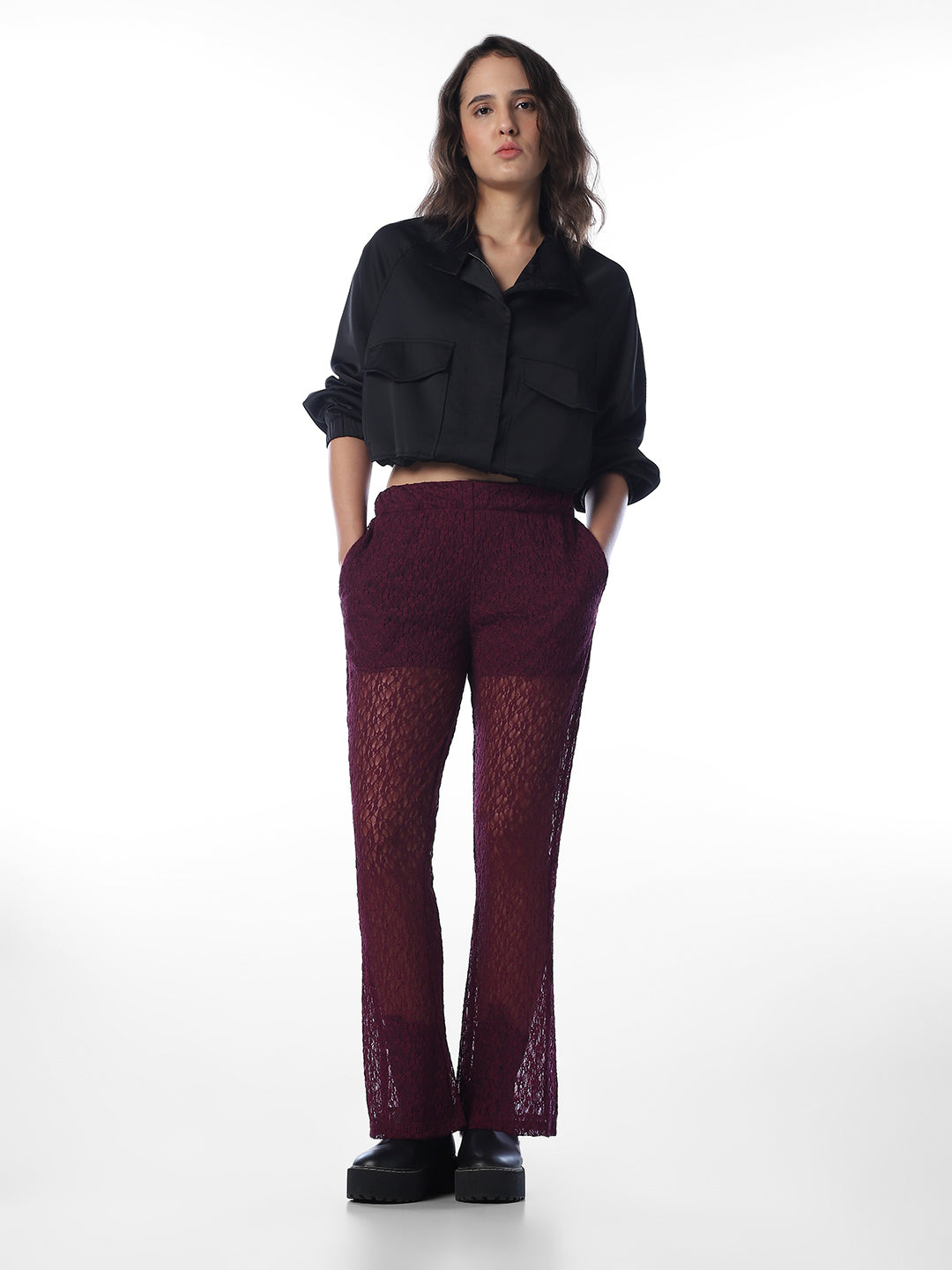 Maroon Sheer Lace Flared Pants