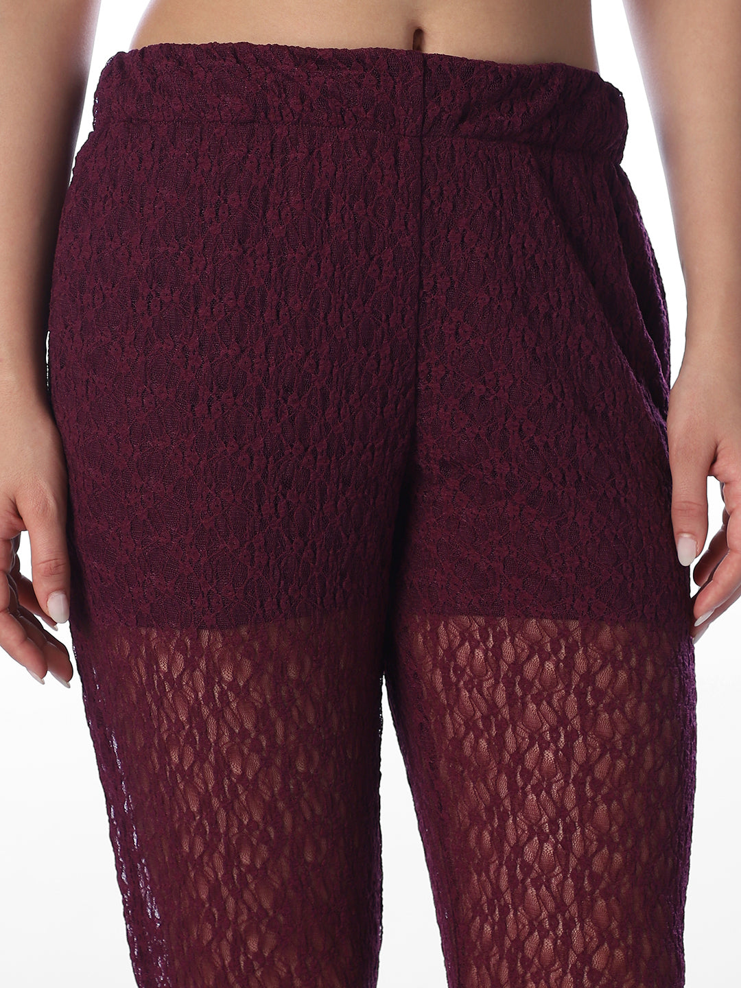 Maroon Sheer Lace Flared Pants