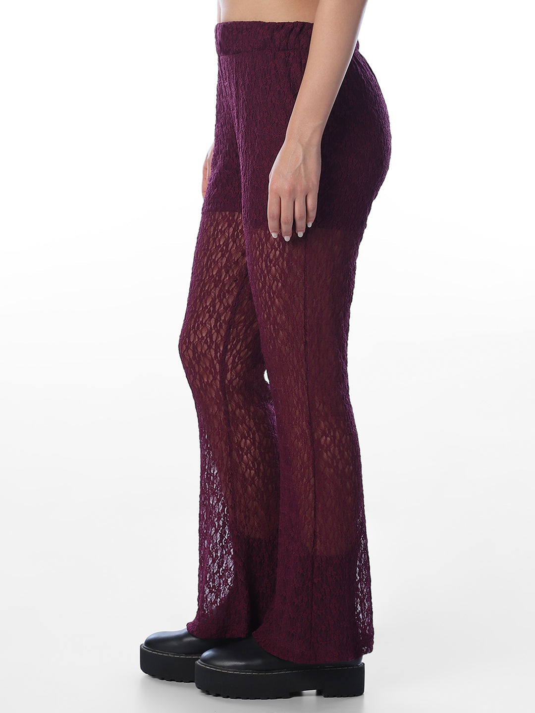 Maroon Sheer Lace Flared Pants