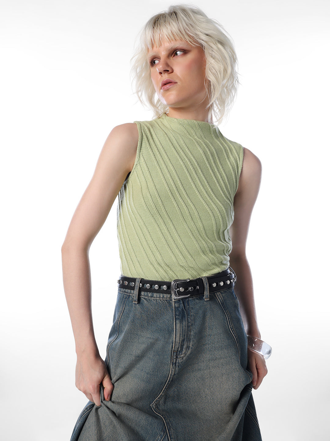 Green Textured Sleeveless Knit Top