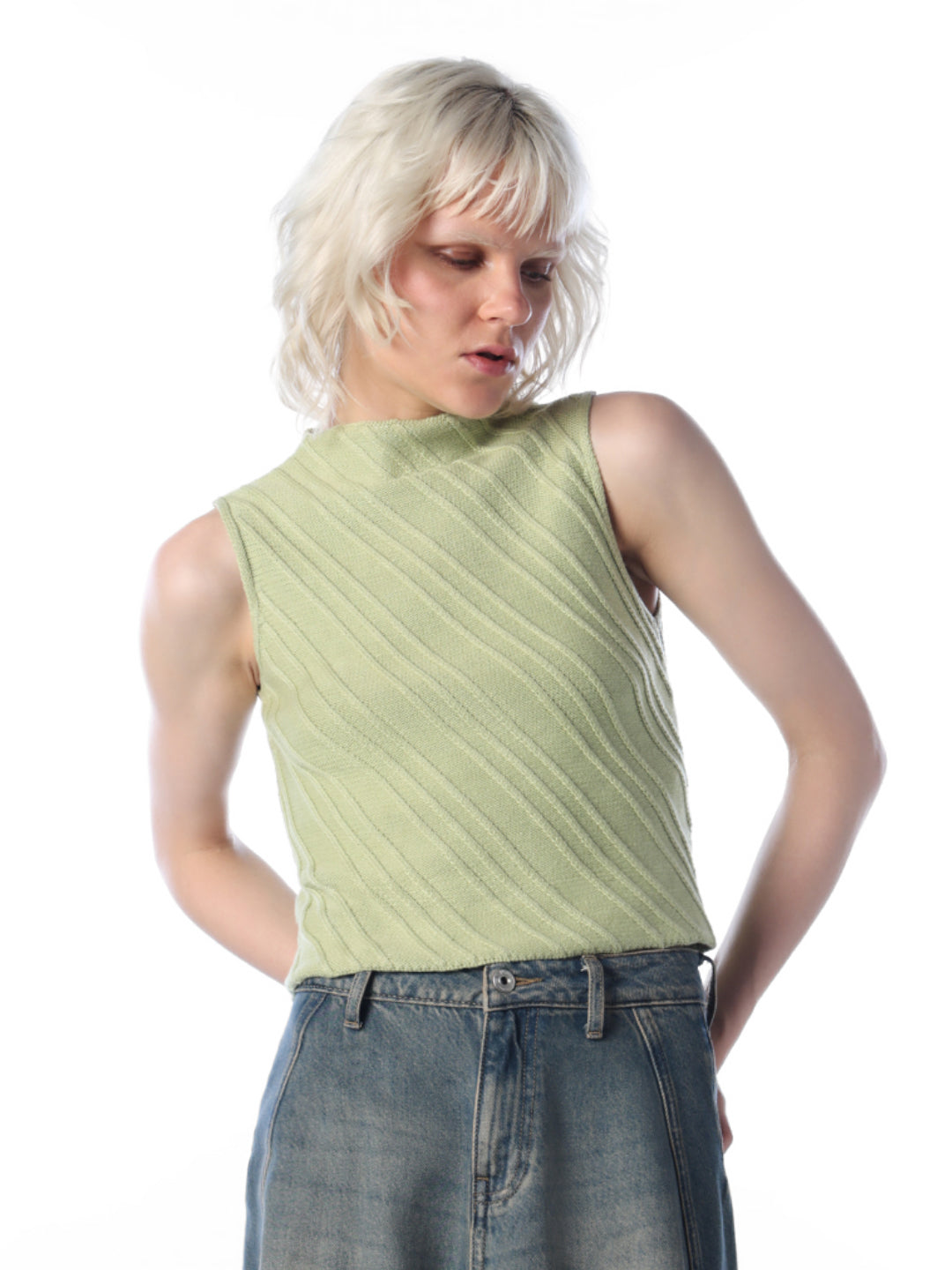 Green Textured Sleeveless Knit Top