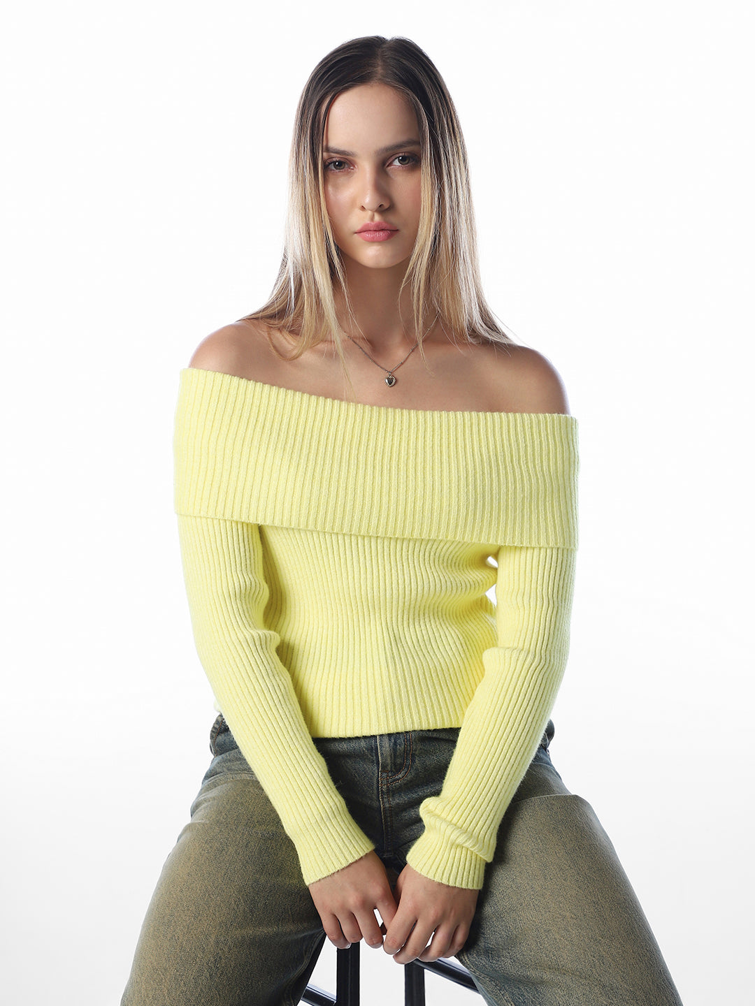 Yellow Ribbed Off-Shoulder Top