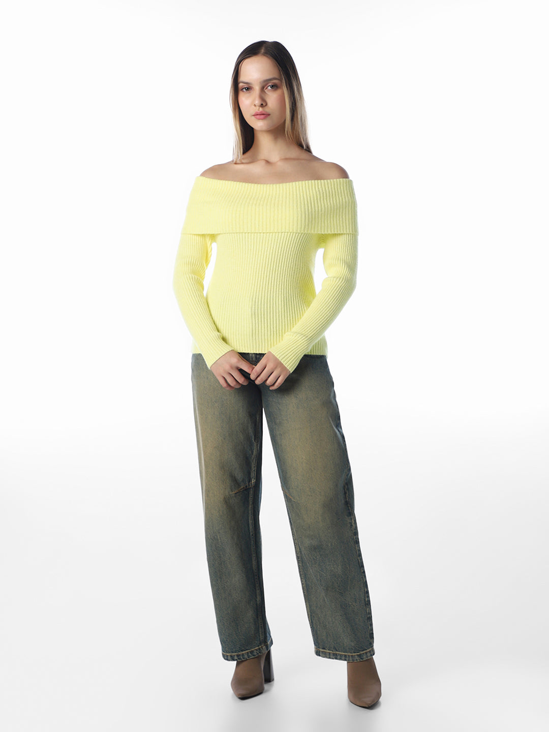 Yellow Ribbed Off-Shoulder Top