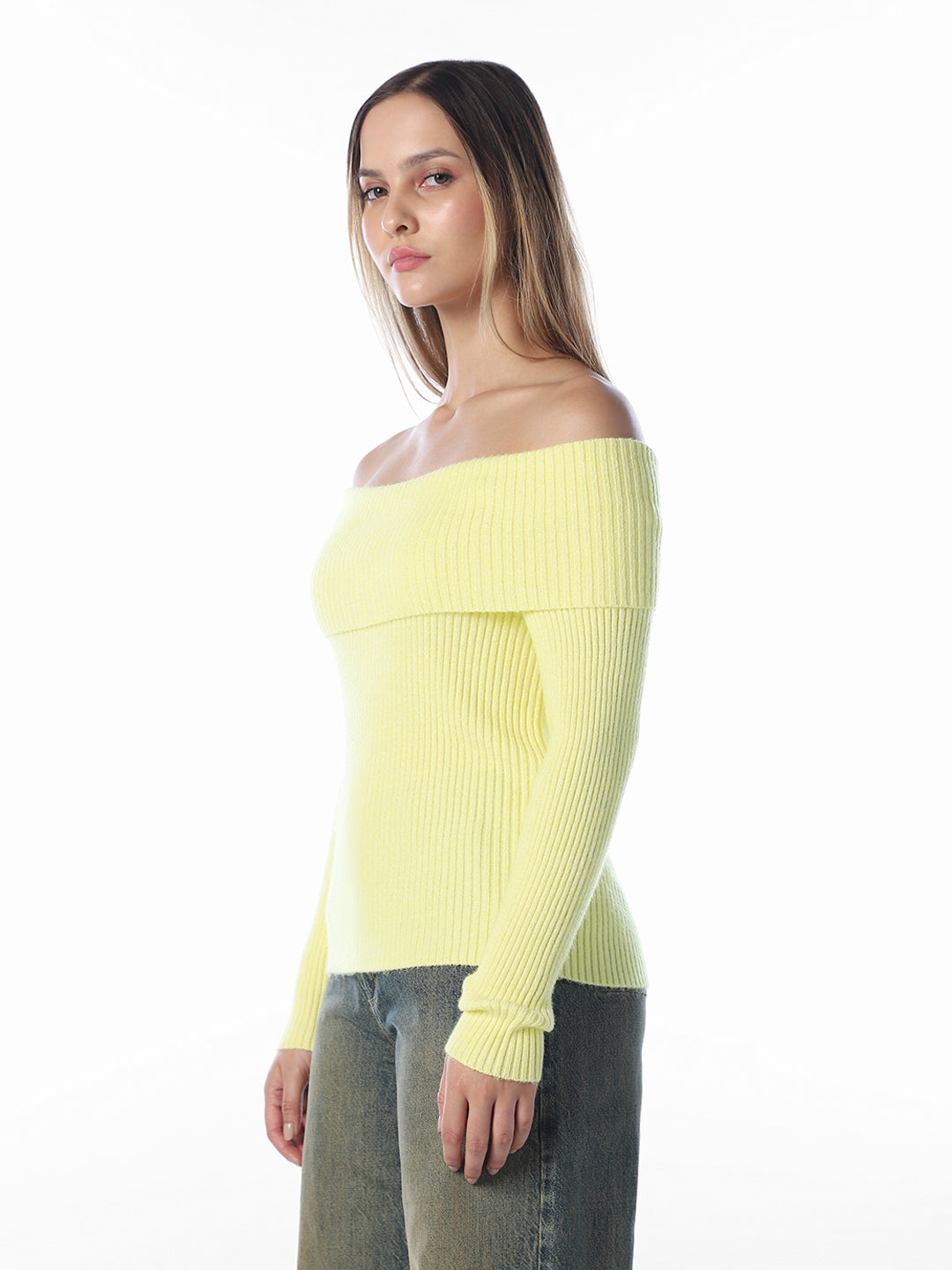 Yellow Ribbed Off-Shoulder Top