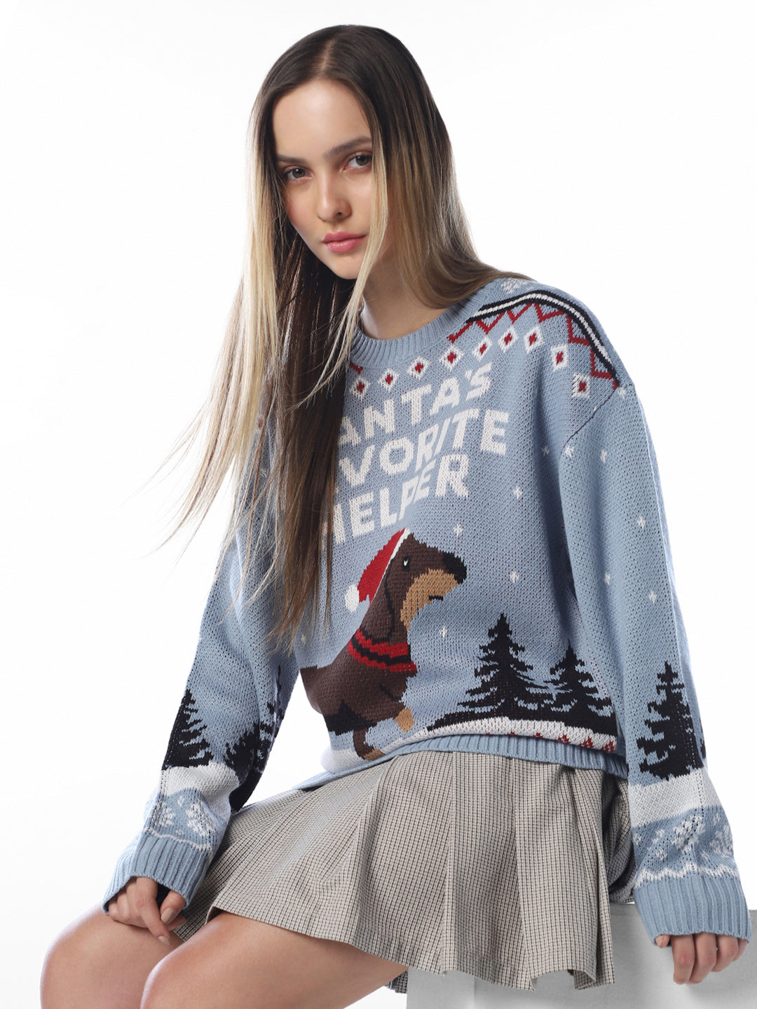 Blue Printed O-Neck Pullover