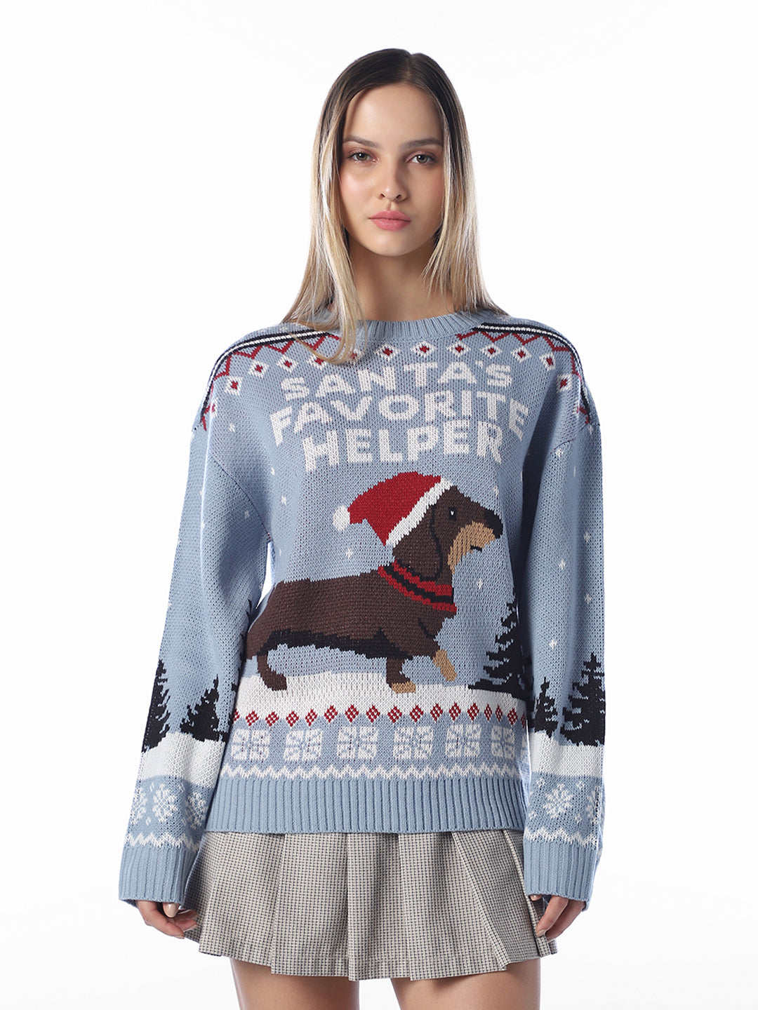 Blue Printed O-Neck Pullover
