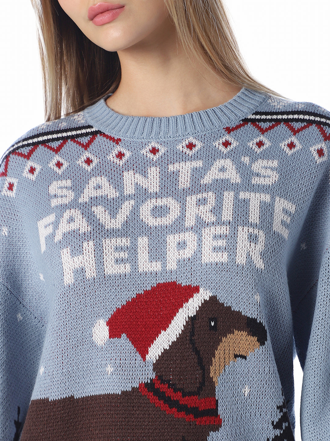 Blue Printed O-Neck Pullover