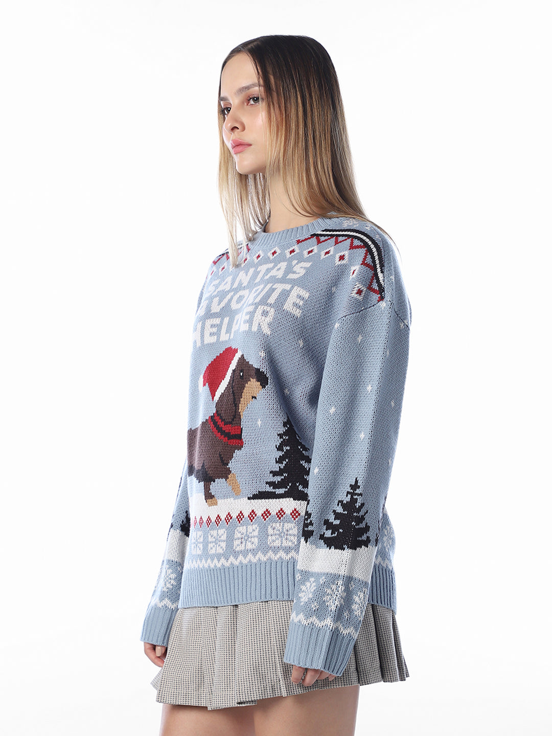 Blue Printed O-Neck Pullover