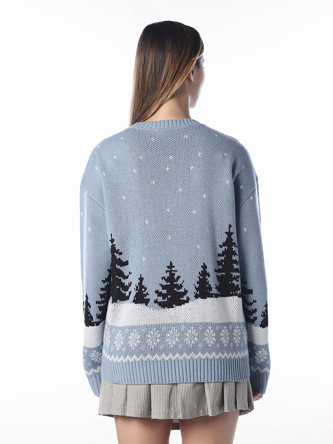 Blue Printed O-Neck Pullover