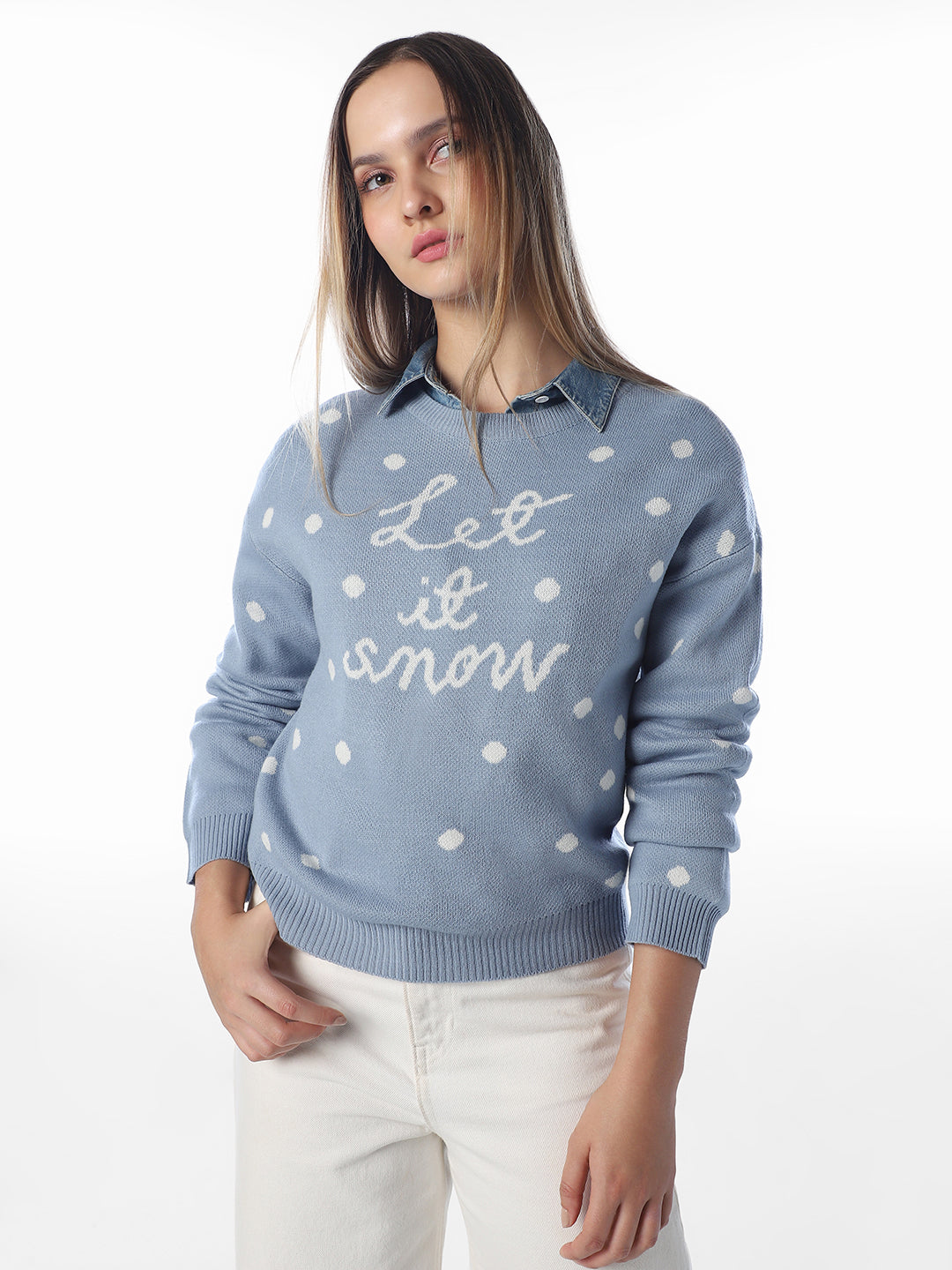 Blue Polka Dot O-Neck Pullover