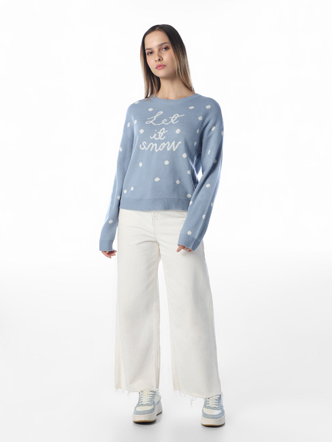 Blue Polka Dot O-Neck Pullover
