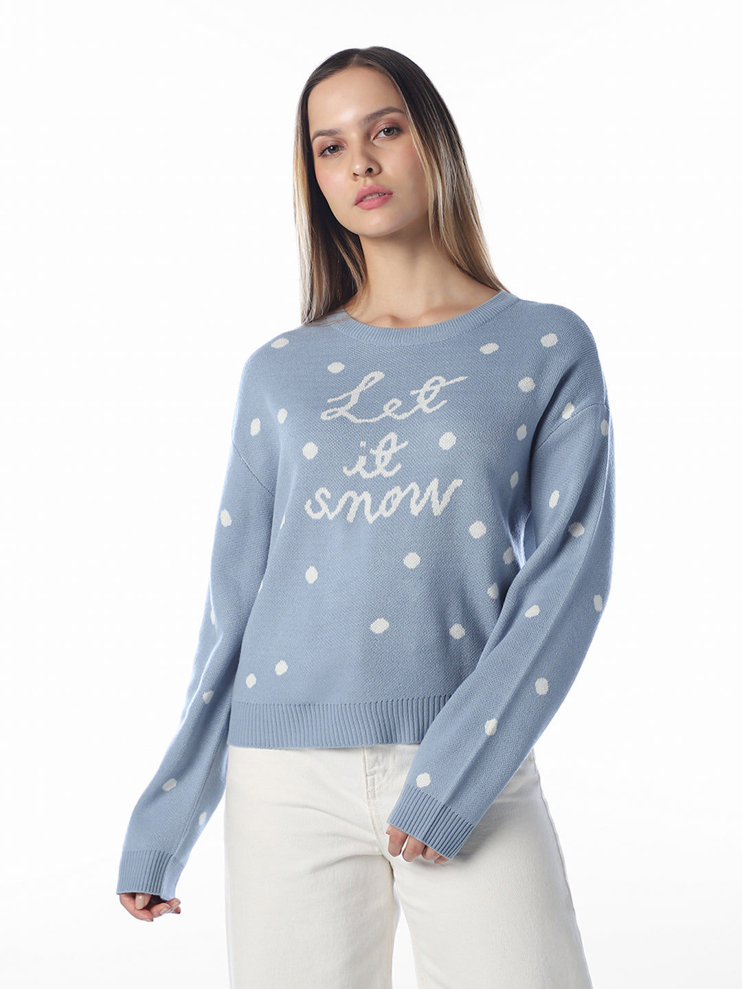 Blue Polka Dot O-Neck Pullover