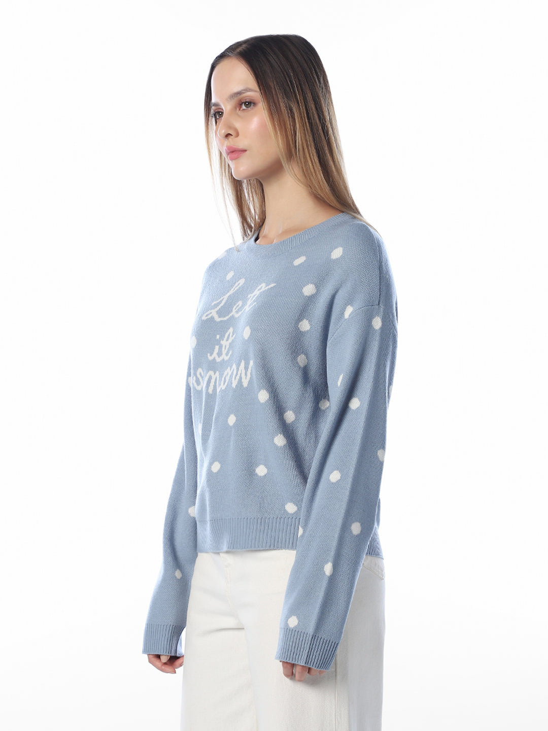 Blue Polka Dot O-Neck Pullover