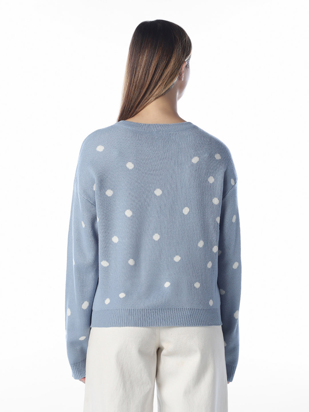 Blue Polka Dot O-Neck Pullover
