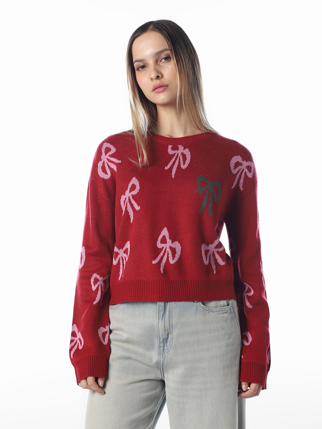 Red Printed O-Neck Pullover