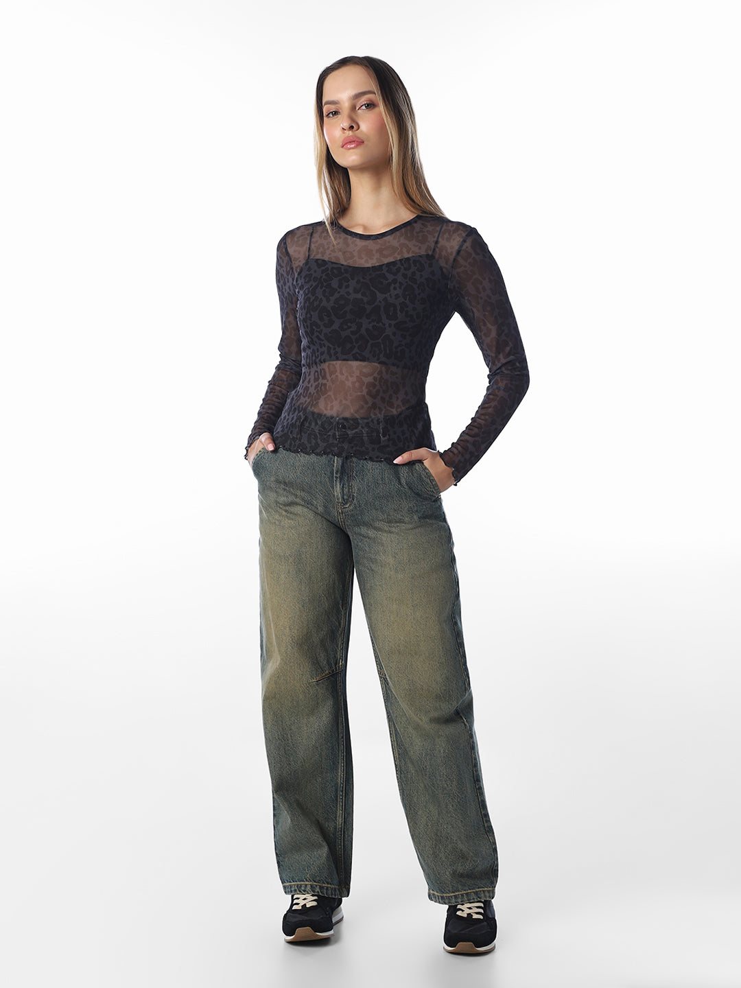 Brown Printed Mesh Top
