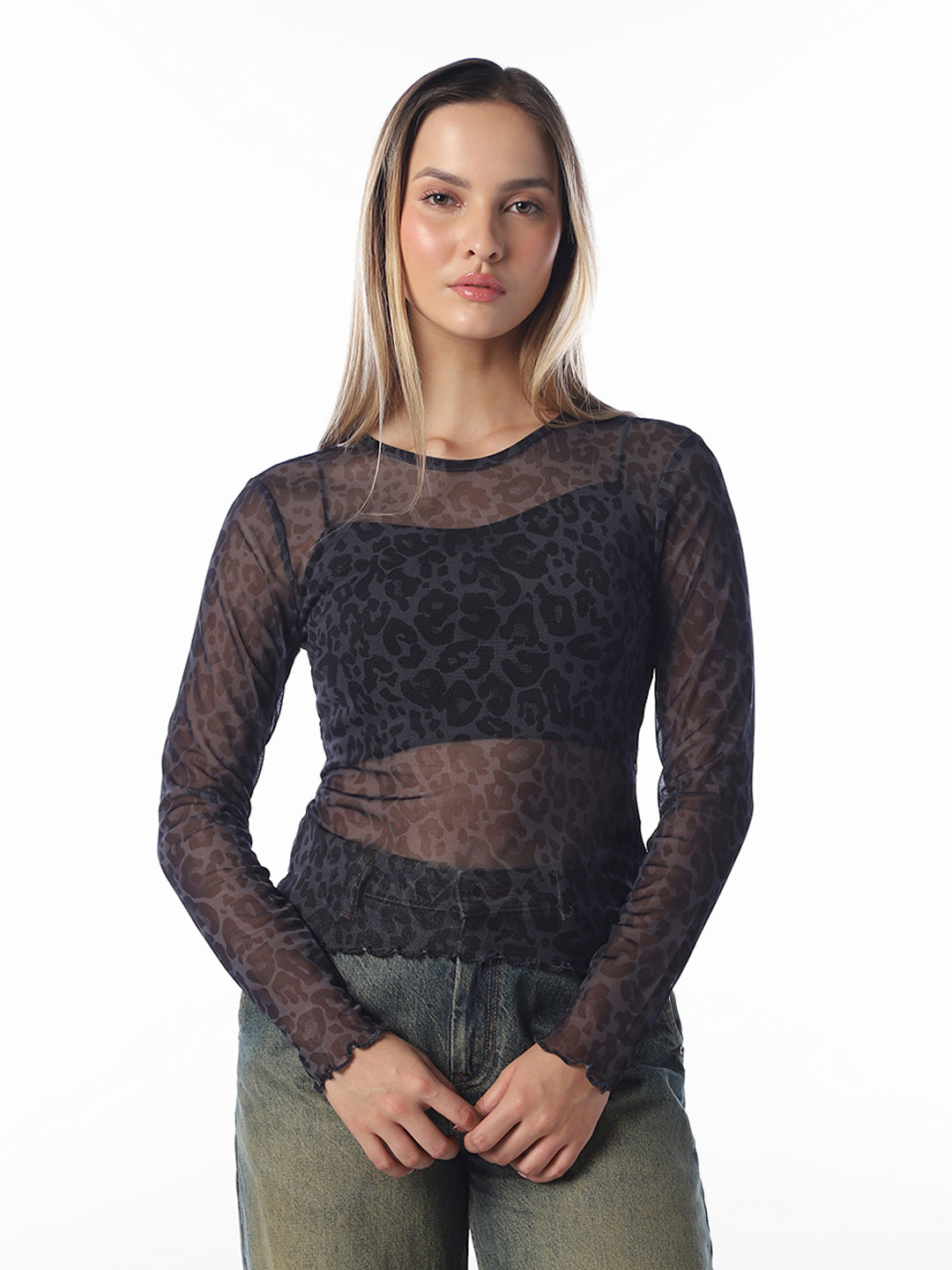 Brown Printed Mesh Top