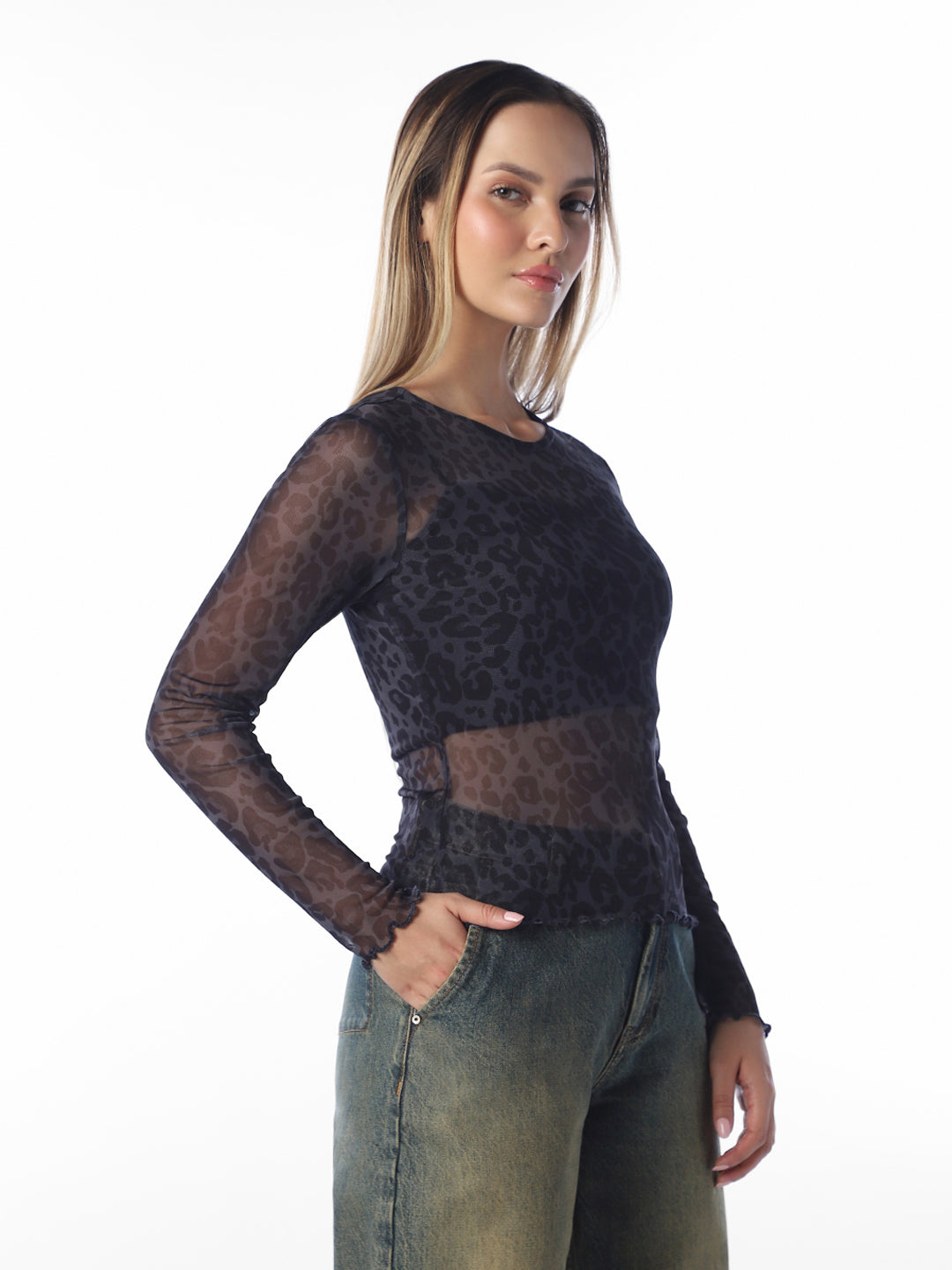 Brown Printed Mesh Top
