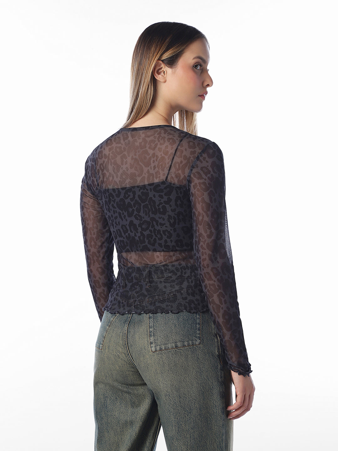 Brown Printed Mesh Top