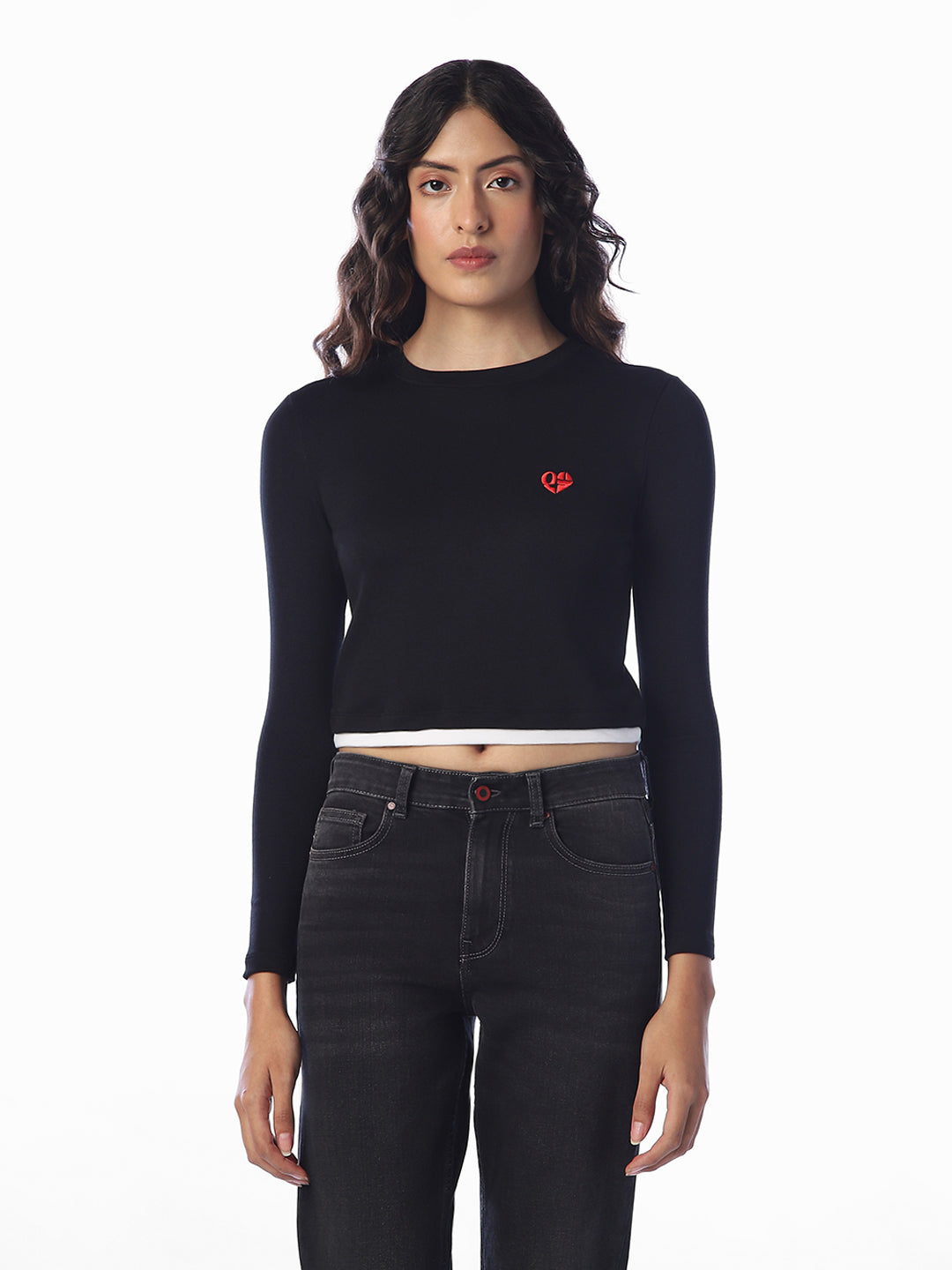 Black Embroidered Cropped T-shirt