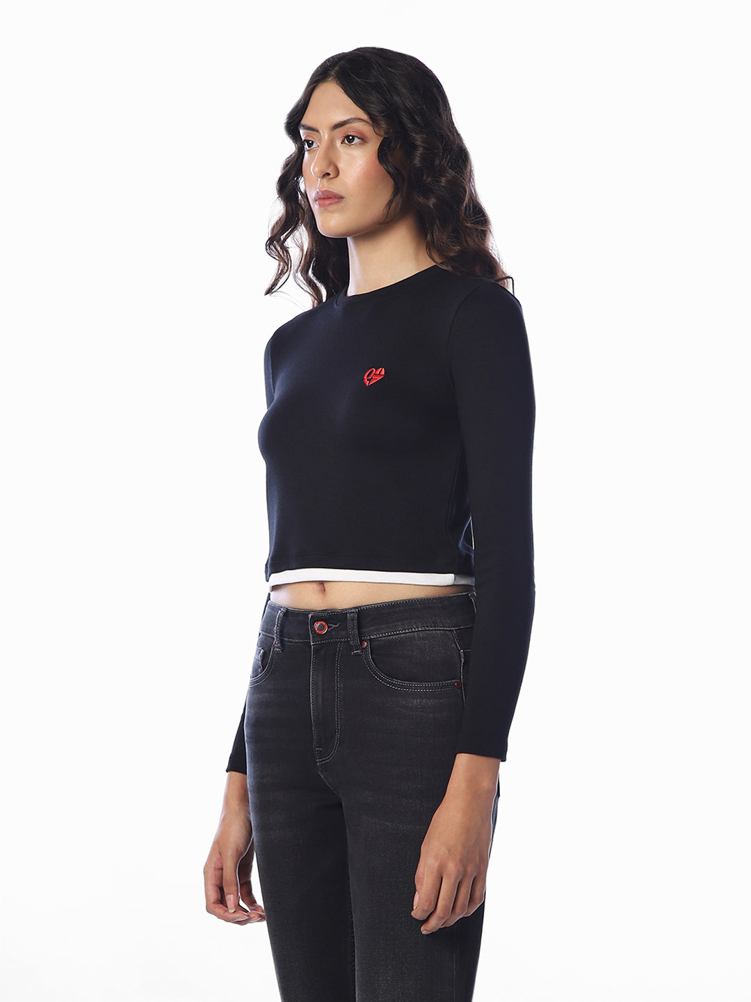 Black Embroidered Cropped T-shirt