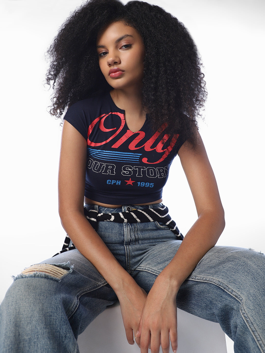 Blue Printed Cropped T-Shirt