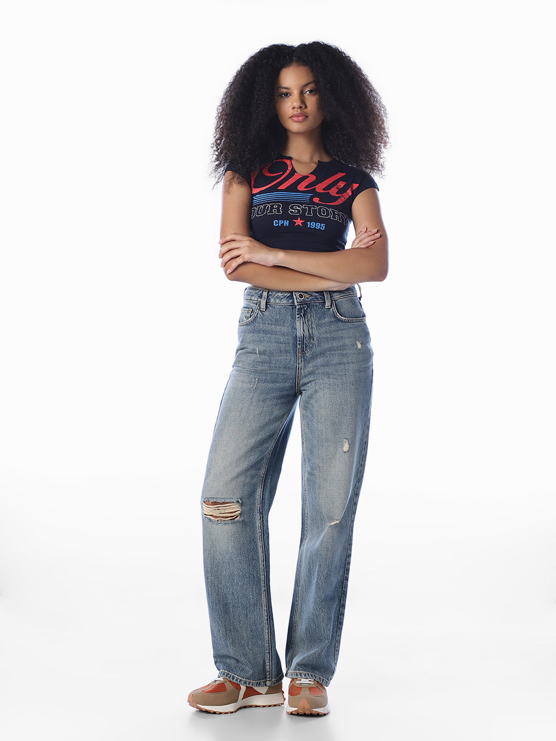 Blue Printed Cropped T-Shirt