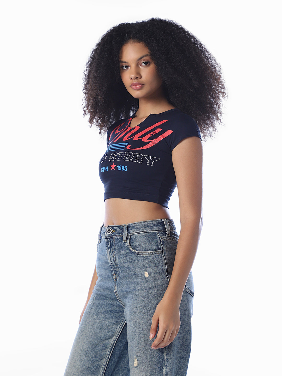 Blue Printed Cropped T-Shirt