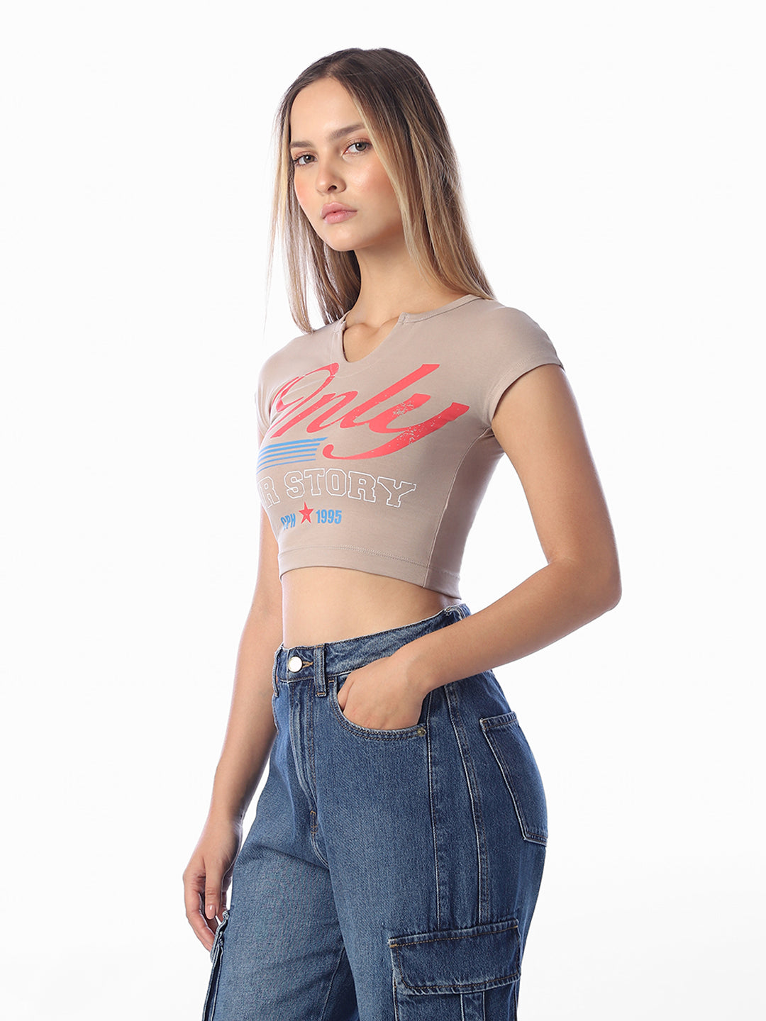 Beige Printed Cropped T-Shirt